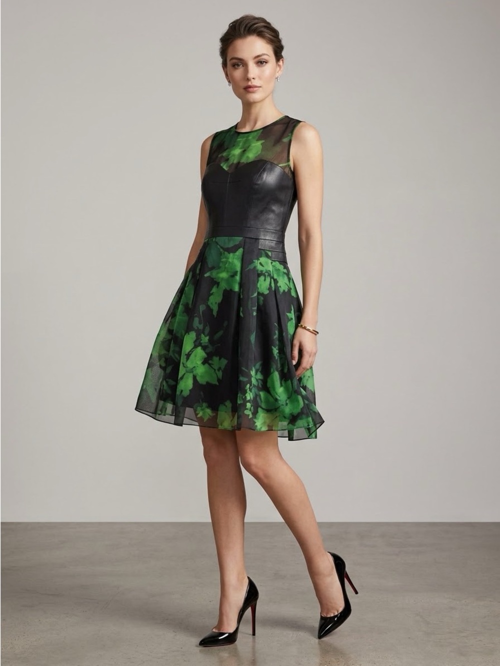 Milly Black Leather Bustier & Emerald Silk Floral Organza Fit-and-Flare Dress 6